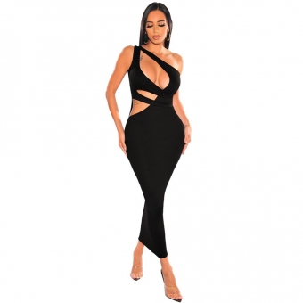 Black Sleeveless Bandage Hollow-out Sexy Women Midi Dress