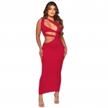 Red Sleeveless Bandage Hollow-out Sexy Women Midi Dress