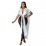 White Short Sleeve V-Neck Women Fashion Shawl Blouse