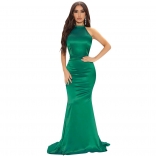 Green Sleeveless O-Neck Fashion Women Evening Party Long Dress