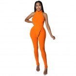 Orange O-Neck Cotton Backless Bodycon Women Sexy Jumpsuit