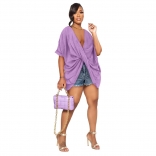 Purple Sleeveless Deep V-Neck Pleated Fashion Women T-Skirt