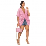 Pink Sleeveless Deep V-Neck Pleated Fashion Women T-Skirt