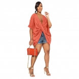 Orange Sleeveless Deep V-Neck Pleated Fashion Women T-Skirt