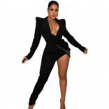 Black Long Sleeve Deep V-Neck Fashion One-Leggings Sexy Jumpsuit