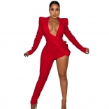 Red Long Sleeve Deep V-Neck Fashion One-Leggings Sexy Jumpsuit