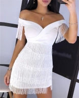 White Off-Shoulder Sleeveless Tassels Women Sexy Mini Dress