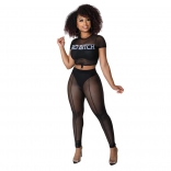 Black Short Sleeve Printed Mesh Sexy 2PCS Women Jumpsuit