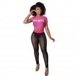Pink Short Sleeve Printed Mesh Sexy 2PCS Women Jumpsuit
