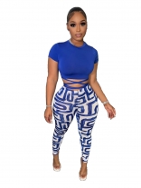 Blue Short Sleeve O-Neck Tops Printed Sexy Jumpsuit