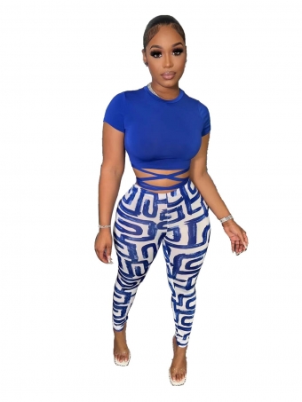 Blue Short Sleeve O-Neck Tops Printed Sexy Jumpsuit