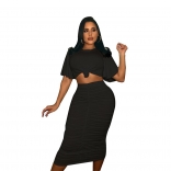 Black Short Sleeve -Neck Sexy Bodycon Pleated Midi Dress