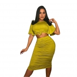 Yellow Short Sleeve -Neck Sexy Bodycon Pleated Midi Dress