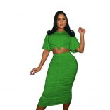Green Short Sleeve -Neck Sexy Bodycon Pleated Midi Dress