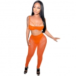Orange Low-Cut Mesh Halter Women V-Neck Sexy Jumpsuit