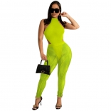 Green Mesh Sexy Romper Tops Sleeveless Bodycon Women Jumpsuit