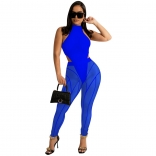 Blue Mesh Sexy Romper Tops Sleeveless Bodycon Women Jumpsuit