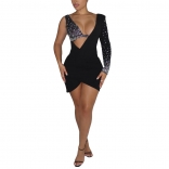 Black Mesh Rhinestone One Sleeve Sexy Party Mini Dress