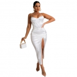 White Halter Low-Cut Sleeveless Bodycon Slit Sexy Midi Dress
