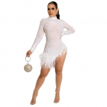 White O-Neck Mesh Long Sleeve Rhinestone Bodycon Mini Dress