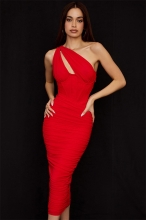 Red Halter Deep V-Neck Rings Bodycon Women Fashion Midi Dress