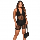 Black Sleeveless Deep V-Neck Lace Mesh Sexy Rompers