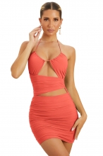 Orange Halter Low-Cut Hollow-out Bodycon Pleated Women Mini Dress
