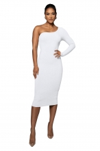 White Long Sleeve Boat-Neck Cotton Bodycon Midi Dress