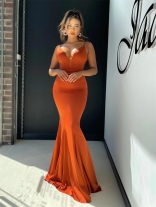 Orange Deep V-Neck Halter Mesh Sexy Women Evening Long Dress