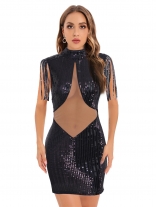 Black Mesh See-through Sequin Tassels Shoulder Women Bodycon Mini Dress