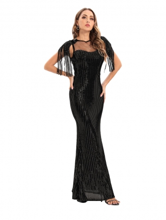 Black Tassels Mesh V-Neck Sequin Women Fashion Long Dress