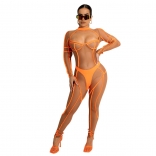 Orange Mesh Long Sleeve Fashion Sexy Women Party Jumpsuit Dress