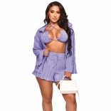 Purple Long Sleeve Fashion Sexy Women 3PCS Short Sets