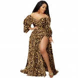 Yellow Low-Cut Printed V-Neck Leopard Sexy Maxi Dress