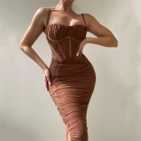 Khaki Off-Shoulder Sleeveless Mesh Bodycon Women Midi Dress