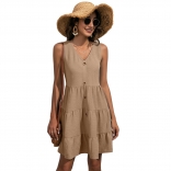 Khaki Sleeveless Button Fashion Summer Women Jersey Dress