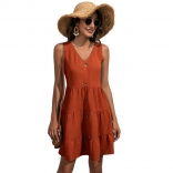 Orange Sleeveless Button Fashion Summer Women Jersey Dress