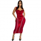 Red Low-Cut Mesh Stretch Bodycon Rhinestone Fashion Sexy Midi Dress