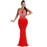 Red Halter Rhinestone Low-Cut Bodycon Fashion Elegant Women Long Dress