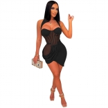 Black Sleeveless Low-Cut Mesh Pleated Bodycon Club Mini Dress