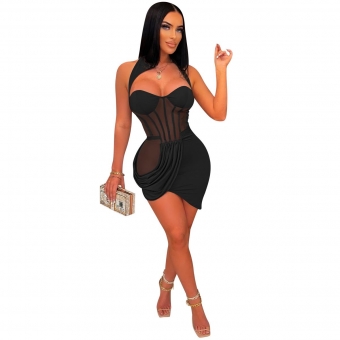 Black Sleeveless Low-Cut Mesh Pleated Bodycon Club Mini Dress