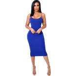 Blue Halter Low-Cut Bodycon Fashion Club Midi Dress