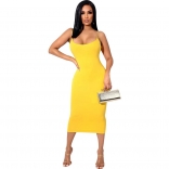Yellow Halter Low-Cut Bodycon Fashion Club Midi Dress