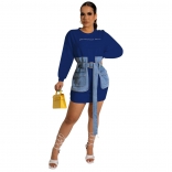Blue Long Sleeve O-Neck Jeans Fashion Women Clubwear