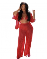 Red Mesh Fashion 3PCS Women Sexy Summer Catsuit Dress