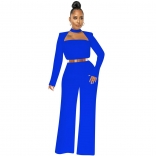 Blue Long Sleeve Boat-Neck Fashion Bodycon Women Jumpsuit