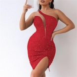 Red Sleeveless Deep V-Neck Halter Bodycon Silk Women Clubwear