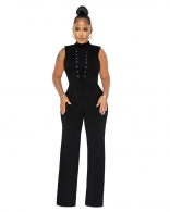 Black Sleeveless O-Neck Button Women Bodycon Fashion Club Jumpsuit
