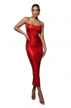 Red Sleeveless Halter Boat-Neck Pleated Girding Sexy Dress