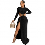 Black Long Sleeve Silk Shinny Hollow-out Women Fashion Long Dress